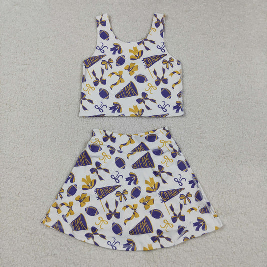Baby Girl Shot Sleeves Purple Football Bows Cheer Tops Skort Team Yoga Active Set RTS