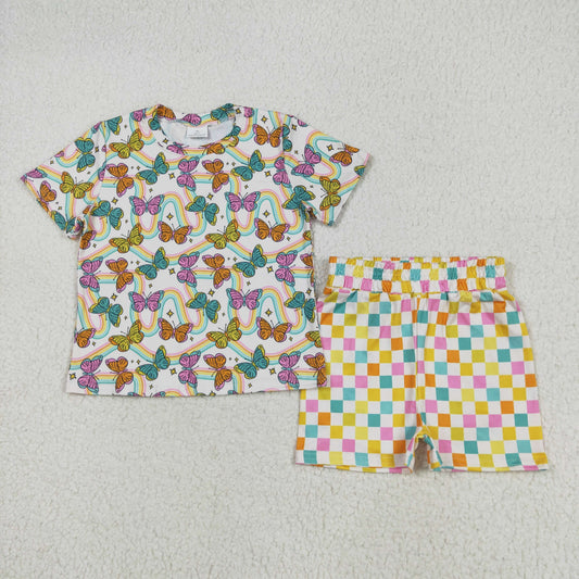 Baby Girl Short Sleeves Butterfly Rainbows Tops Checked Shorts Pajamas Set RTS