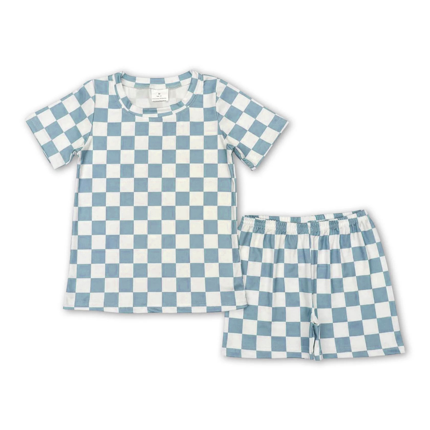 Moq 3 Pre-order BSSO0688 Baby Kids Short Sleeves Shirt Blue Checkered Shorts Pajamas Set