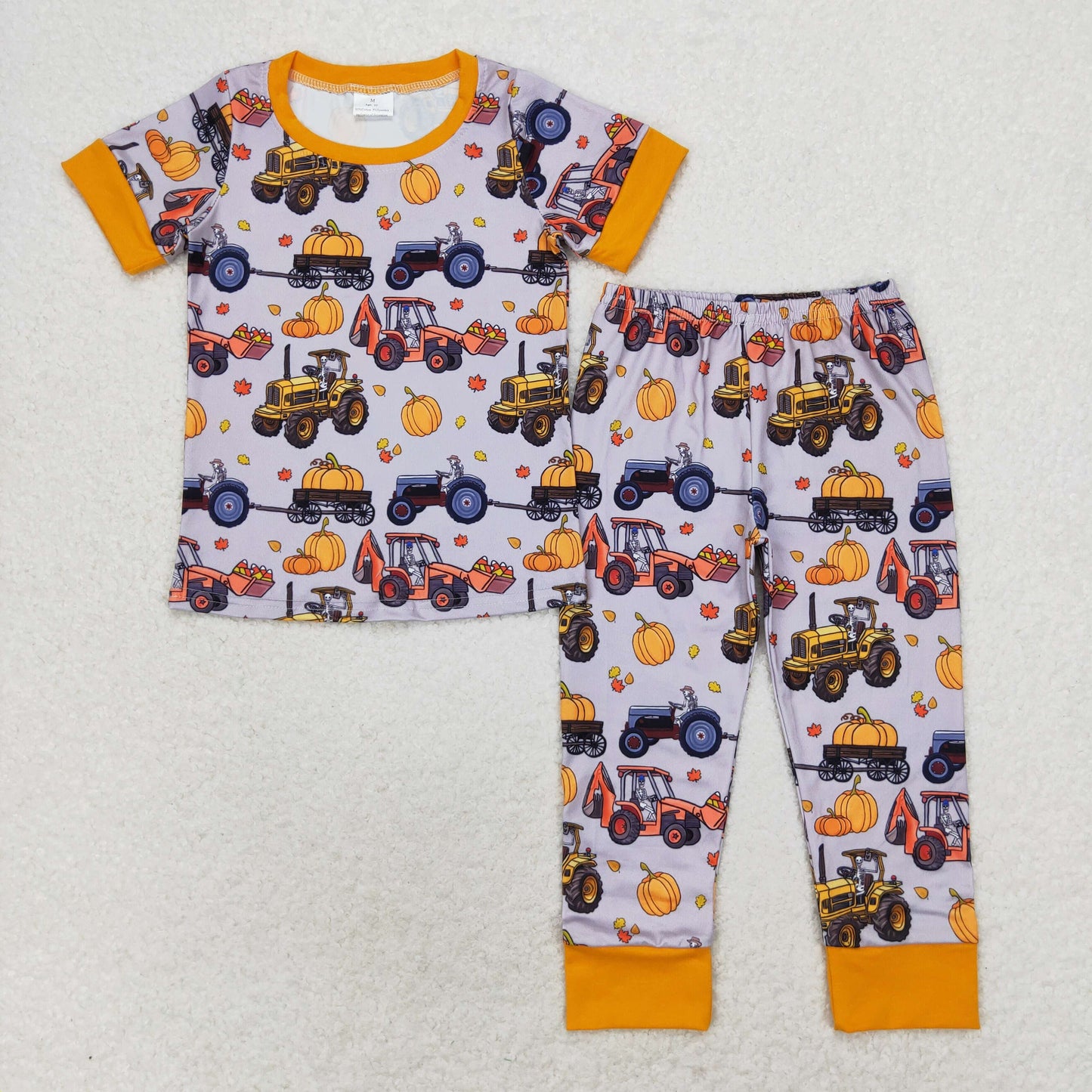 Baby Boy Short Sleeves Pumpkin Tractors Shirt Pants Pajamas Halloween Set