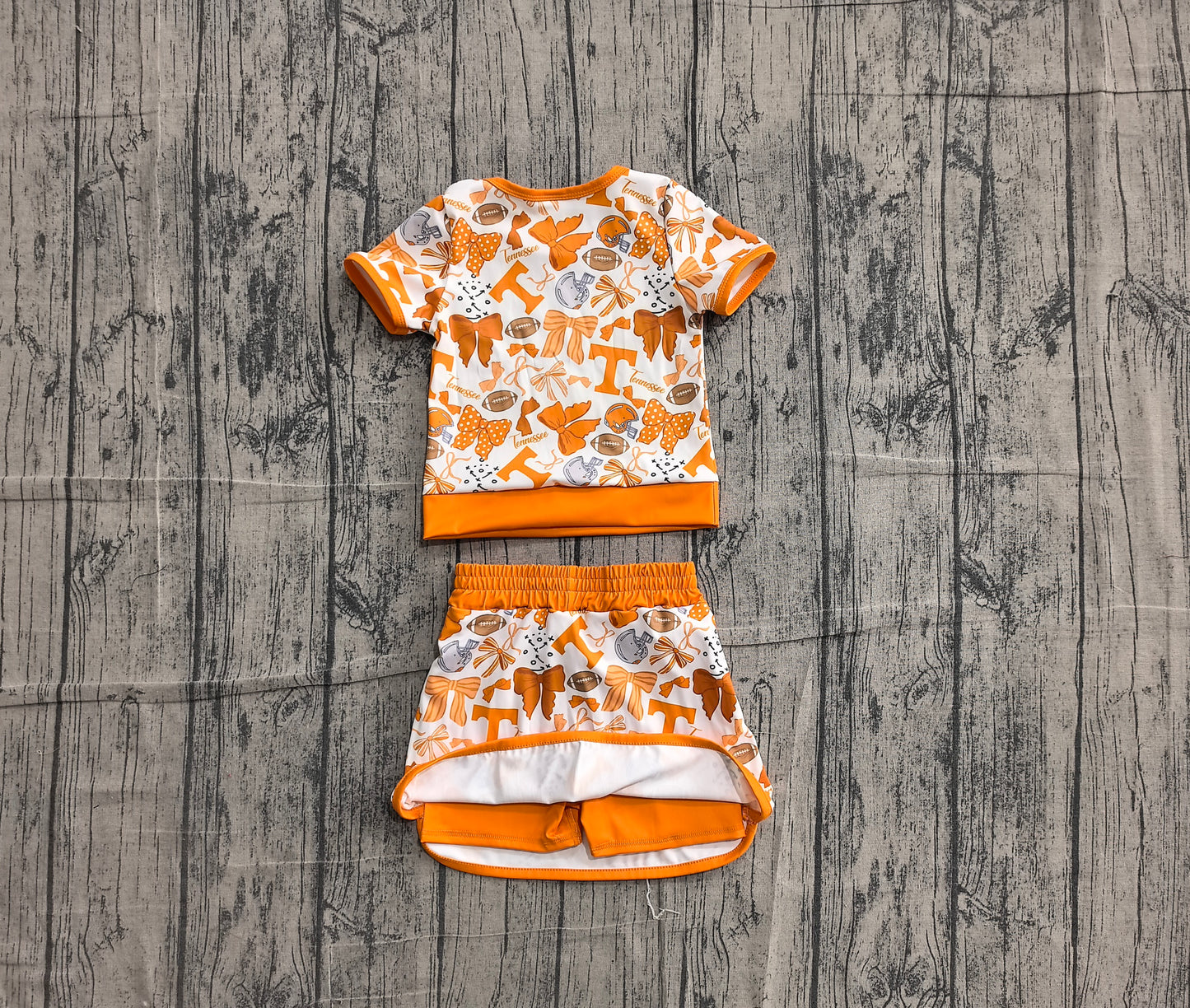 ( No moq ) Preorder Baby Girls Kids Short Sleeves Orange Bows Shirt Team Skirt Shorts Yoga Set