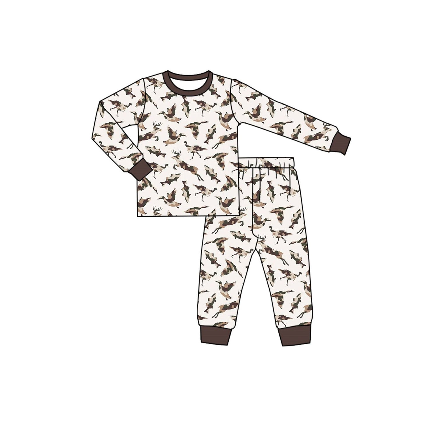 ( Moq 5 ) Preorder Baby Boys Kids Long Sleeves Camo Ducks Shirt Pants Pajamas Set Clothes