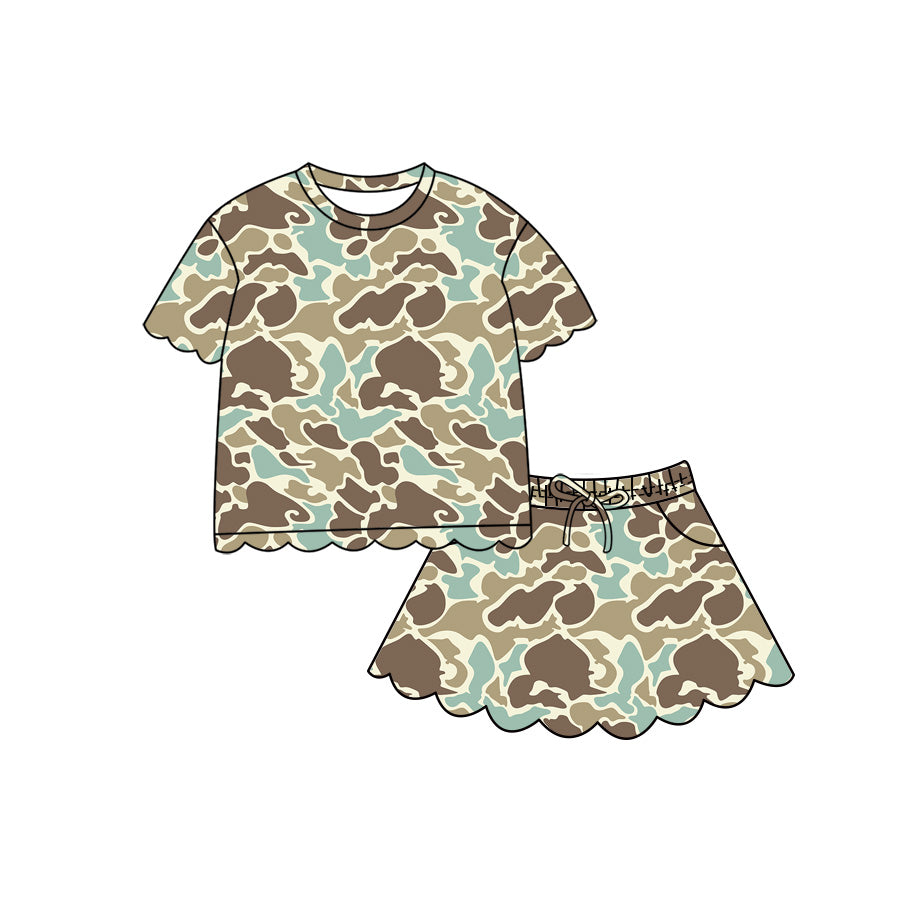 ( Moq 5 ) Preorder Baby Girls Kids Camo Short Sleeves Scallop Shirt Skirt Shorts Set Clothes