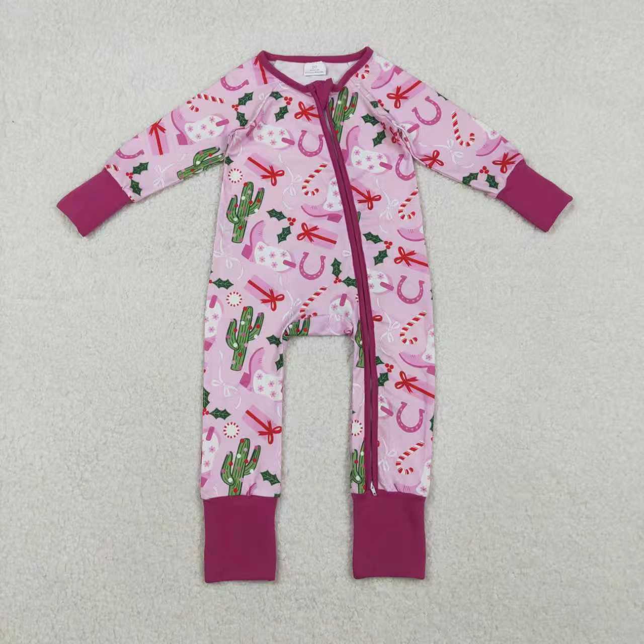 Sibling Baby Girls Long Sleeves Christmas Western Boots Cactus Zipper Romper Pajamas Set RTS