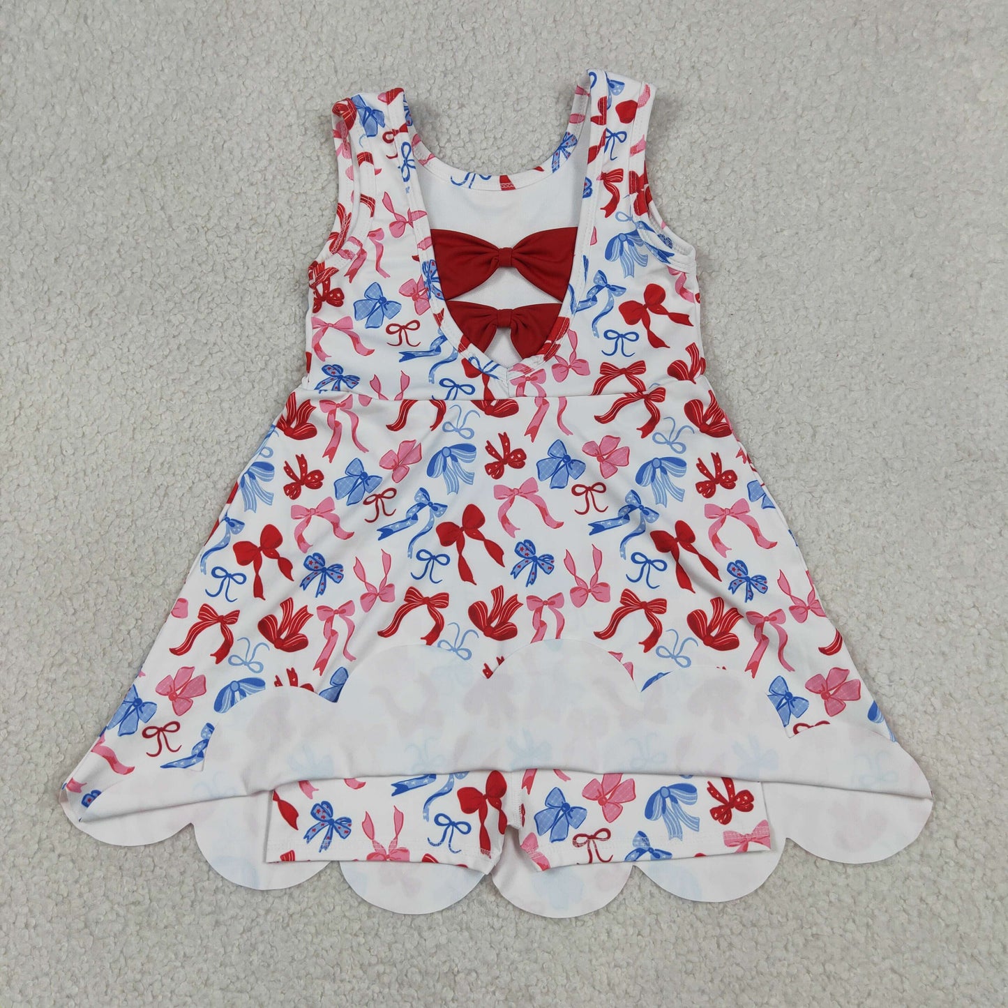 Baby Girls Kids Sleeveless Bows 4th of July Shorts Scallop Knee Length Dress RTS