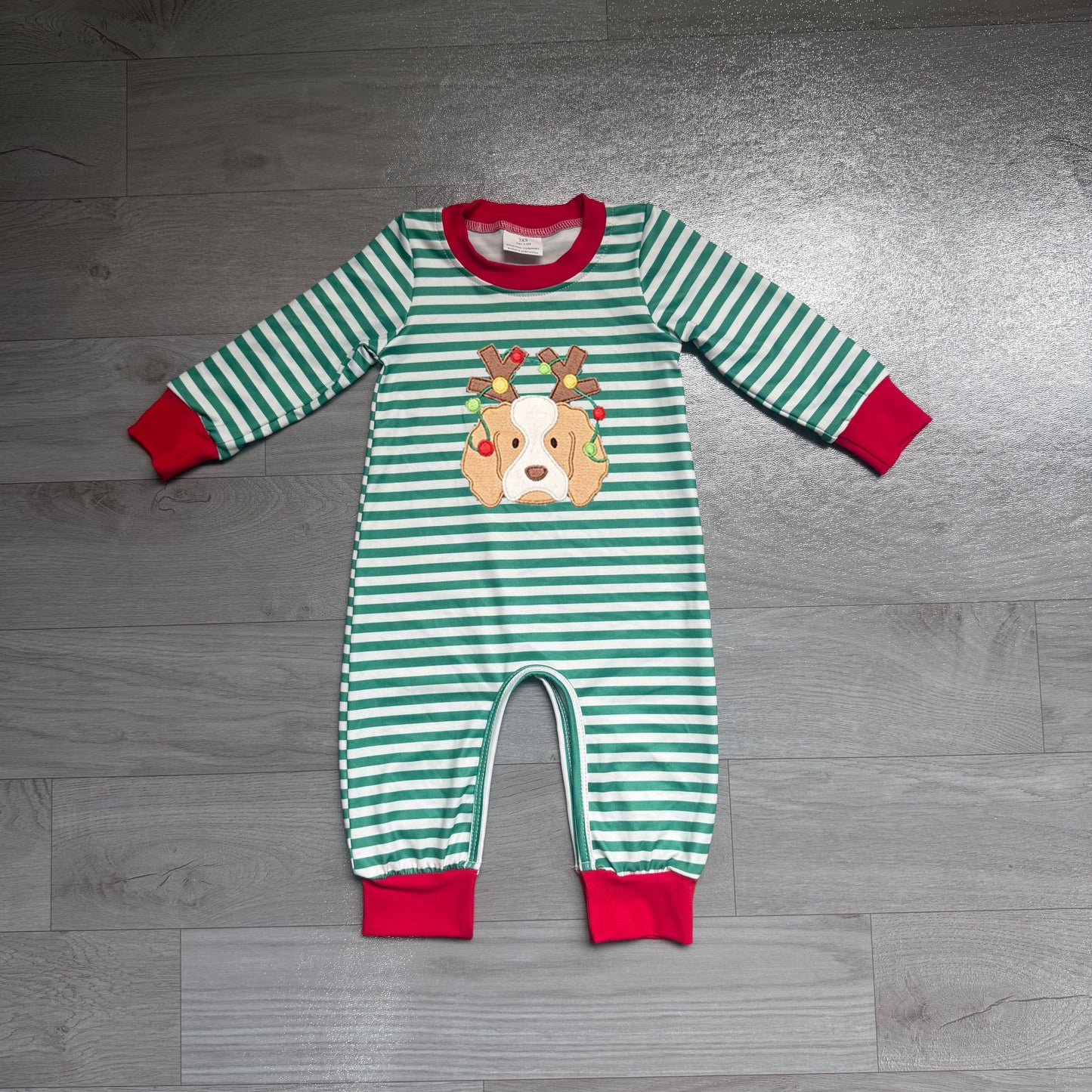 ( No moq ) Preorder Baby Boy Kids Embroidery Christmas Dog Green Stripes Romper Clothes