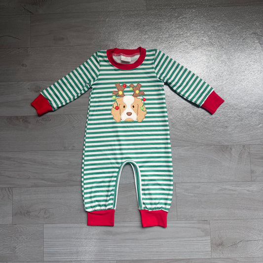 ( No moq ) Preorder Baby Boy Kids Embroidery Christmas Dog Green Stripes Romper Clothes