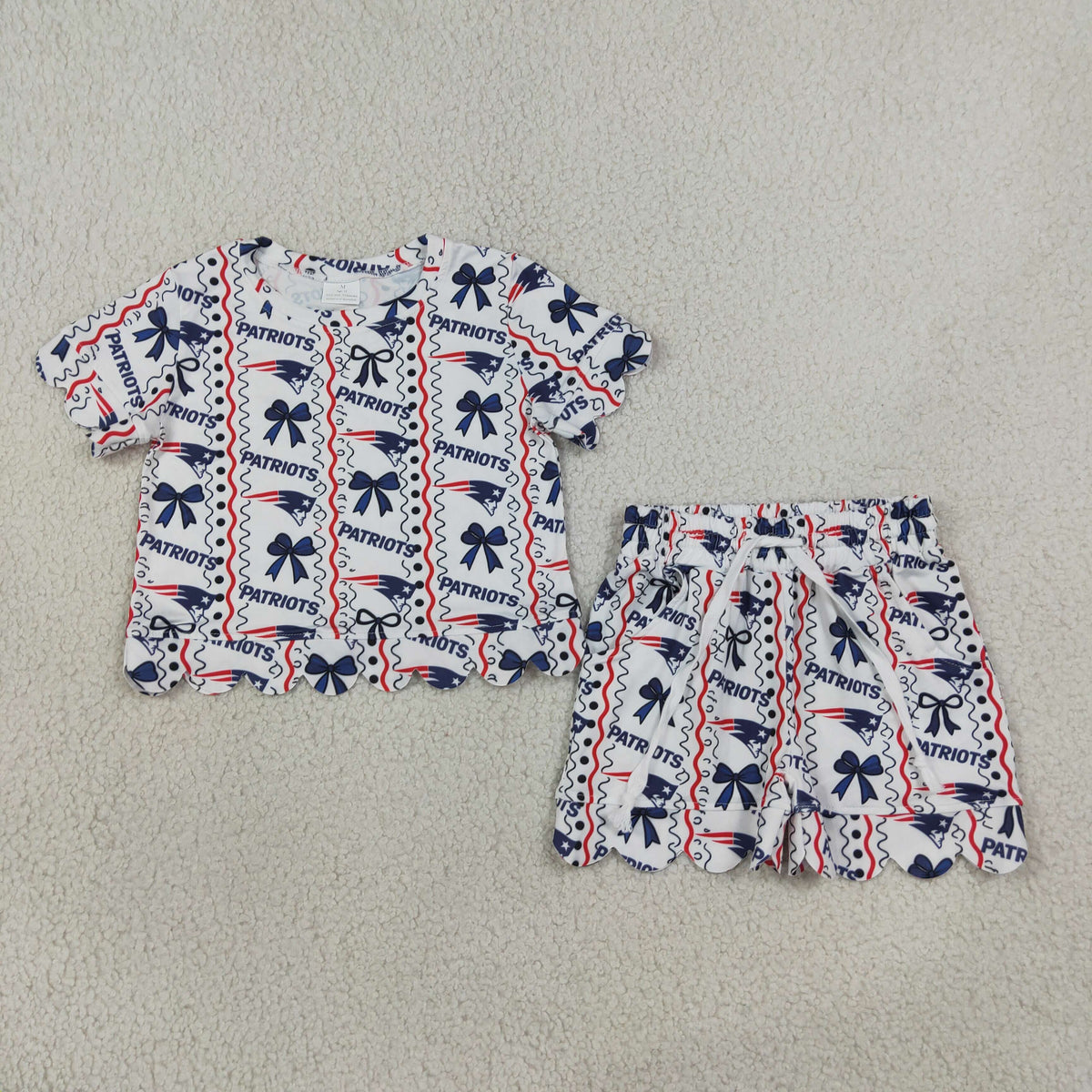 Baby Girls Kids Short Sleeves Navy Bows Shirt Scallop Shorts Set Team Clothes RTS