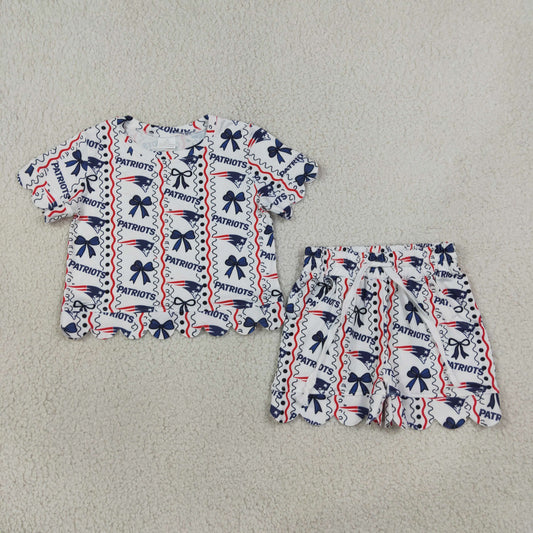 Baby Girls Kids Short Sleeves Navy Bows Shirt Scallop Shorts Set Team Clothes RTS