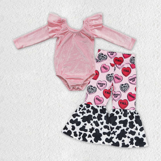 GLP1151 Baby Girl Pink Velvet Romper Hearts Bell Pants Valentine's Set