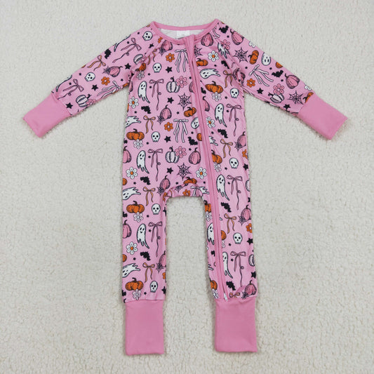 Baby Girl Long Sleeves Ghost Pumpkins Bows Flower Zipper Halloween Pink Romper RTS