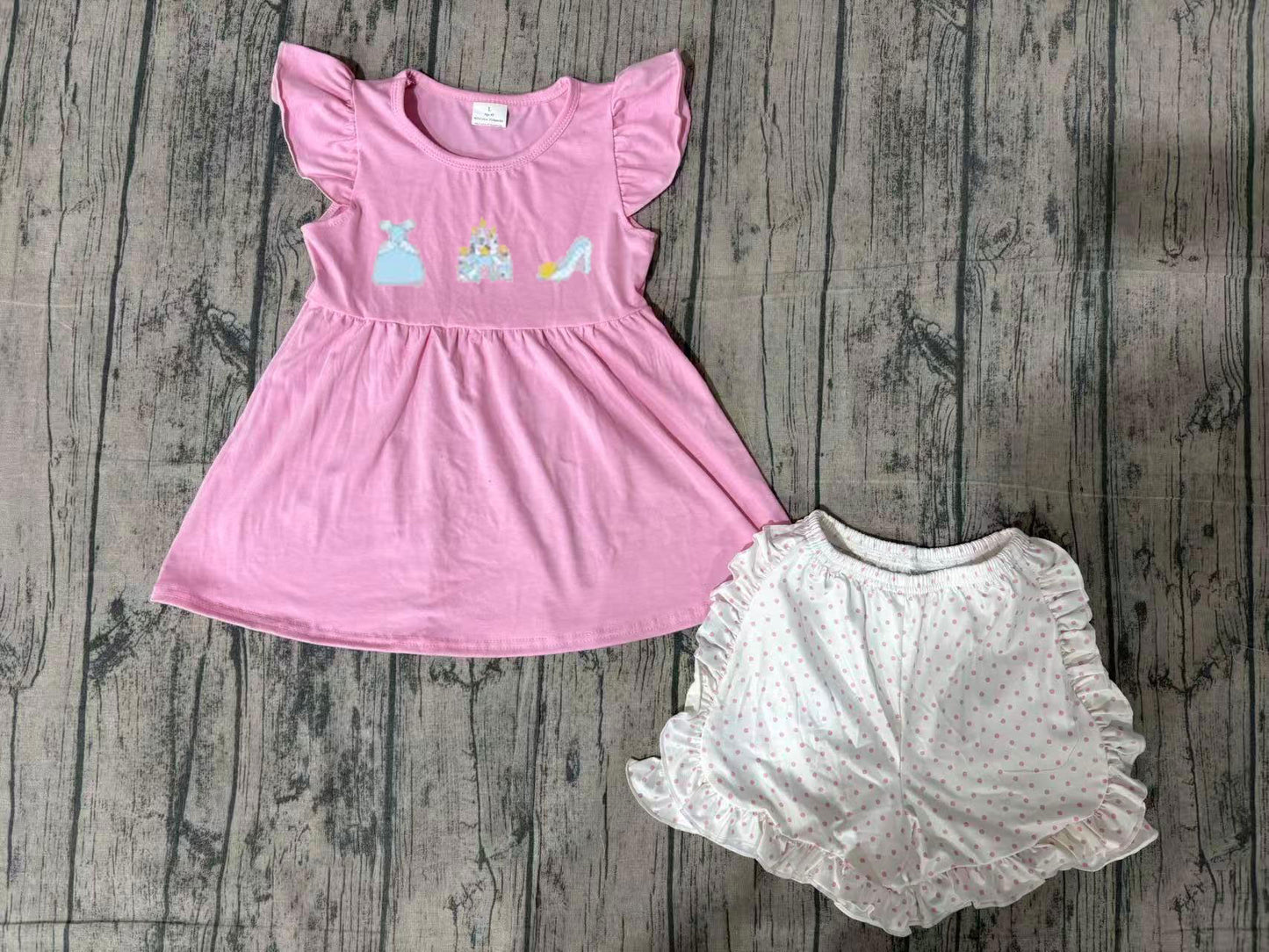 ( No moq ) Preorder Girls Kids Short Sleeves Embroidery Tunic Dots Ruffle Shorts Princess Set