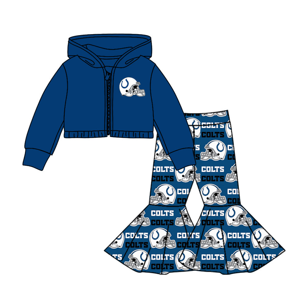 Baby Girl Long Sleeves Team Blue Hoodie Tops Bell Pants Clothing Set Moq 5