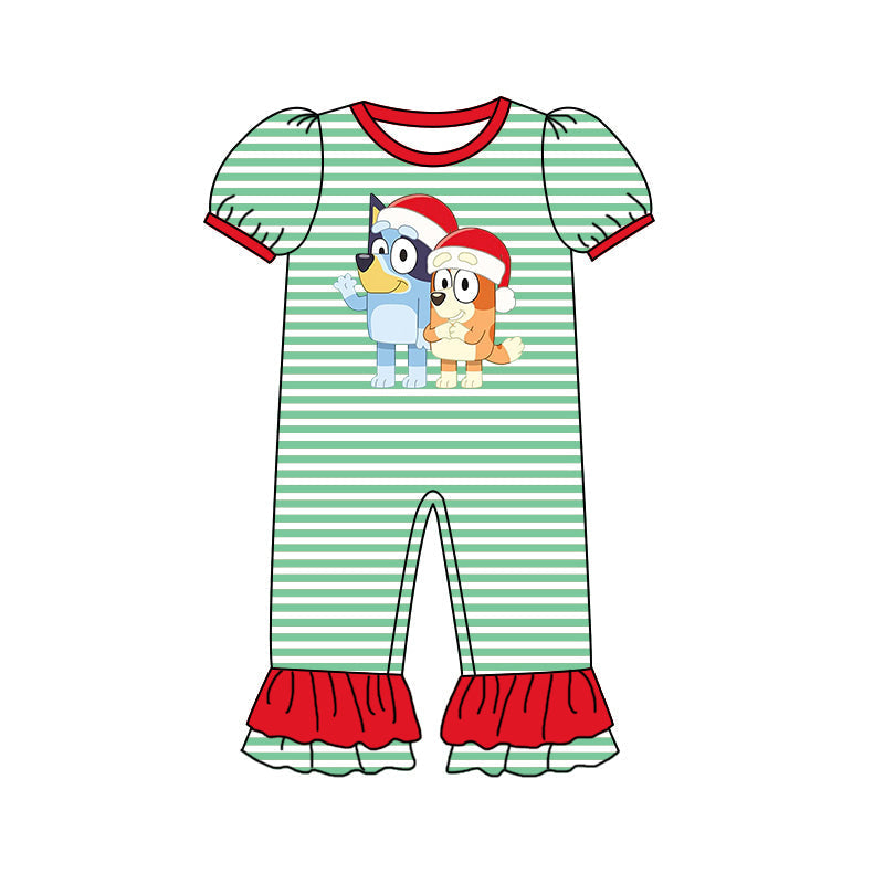 Baby Girl Short Sleeves Christmas Dogs Green Stripes Romper