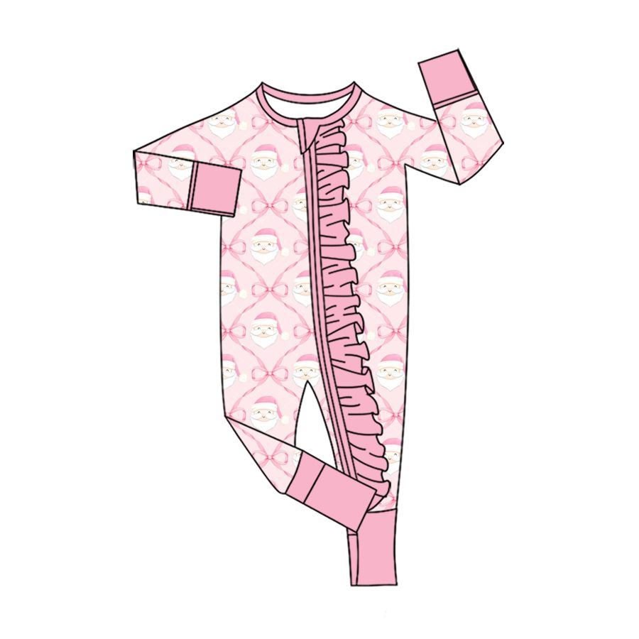 ( Moq 5 ) Preorder Baby Girls Kids Santa Bows Pink Ruffle Zipper Sleeper Footie Romper Christmas Clothes