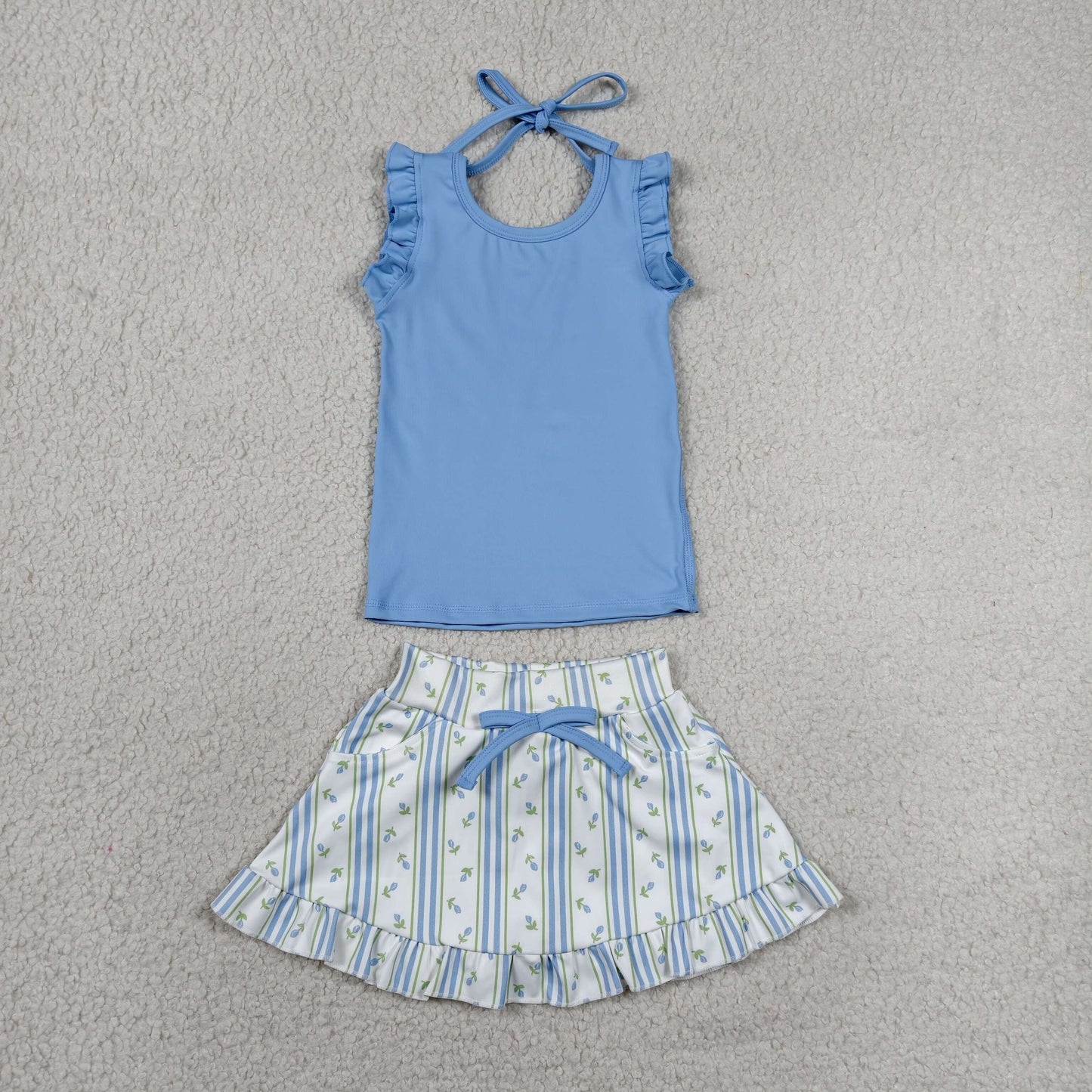 Baby Girls Kids Blue Scallop Tops Floral Pockets Skirt Shorts Yoga Summer Set RTS