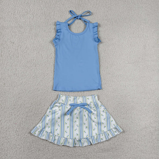 Baby Girls Kids Blue Scallop Tops Floral Pockets Skirt Shorts Yoga Summer Set RTS