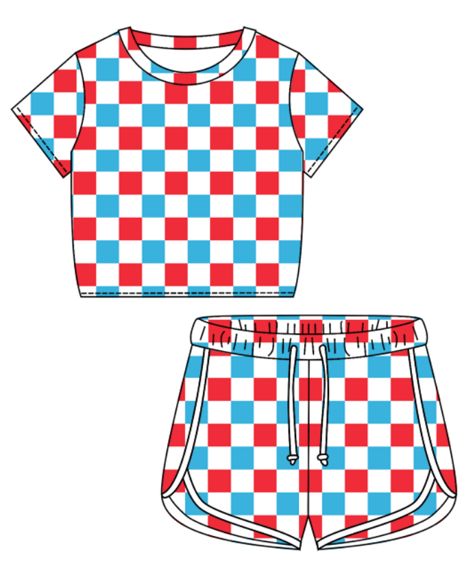 Baby Girl Short Sleeves Checkered July 4th Shirt Shorts Clothes Set Moq 5