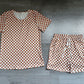 Adult Women Short Sleeves Brown Checked Shirt Shorts Pajamas Clothes Set RTS