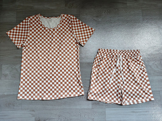 Adult Women Short Sleeves Brown Checked Shirt Shorts Pajamas Clothes Set RTS