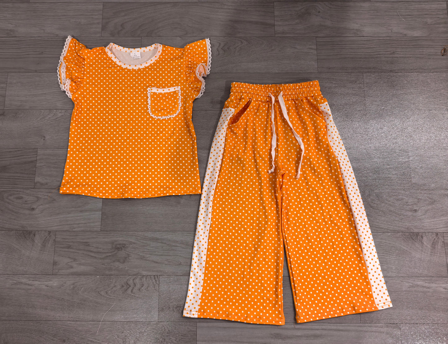 ( No moq ) Preorder Baby Girls Kids Short Sleeves Polka Dot‌s Tops Pants Orange Set Clothes