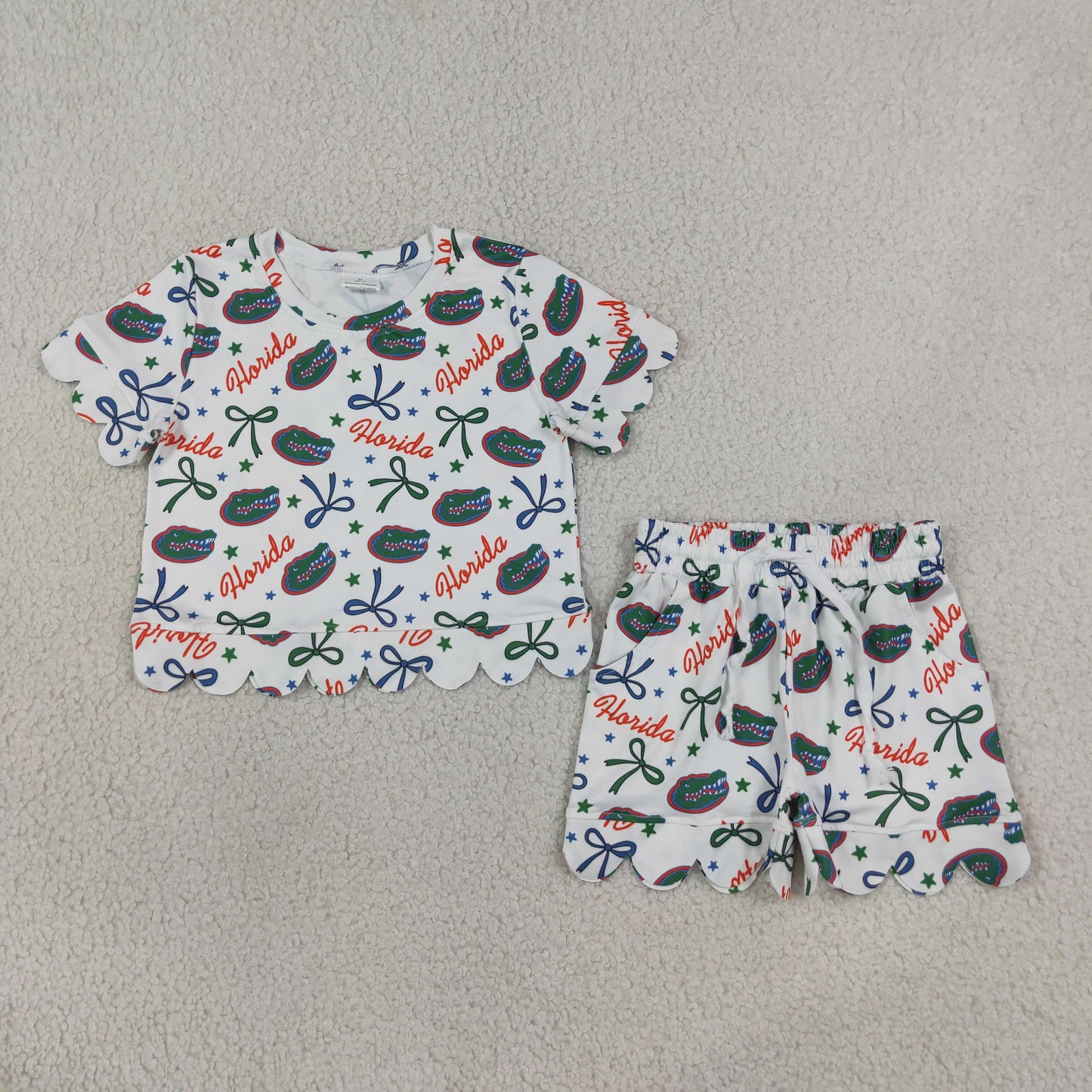 Sibling Baby Girls Kids Short Sleeves Bows Shirts Pockets Shorts Team Sets Scallop Clothes RTS