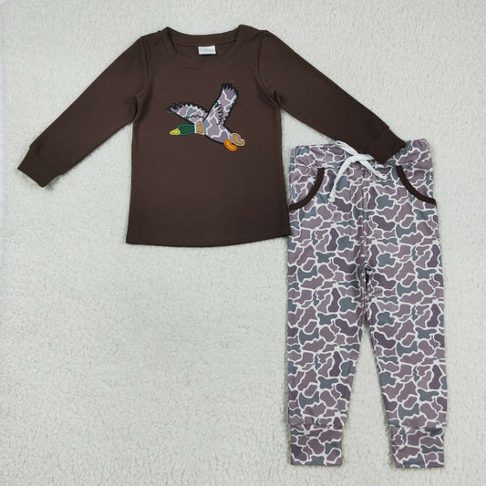 Baby Boy Brown Long Sleeves Embroidery Duck Shirt Camo Pockets Pants Set RTS