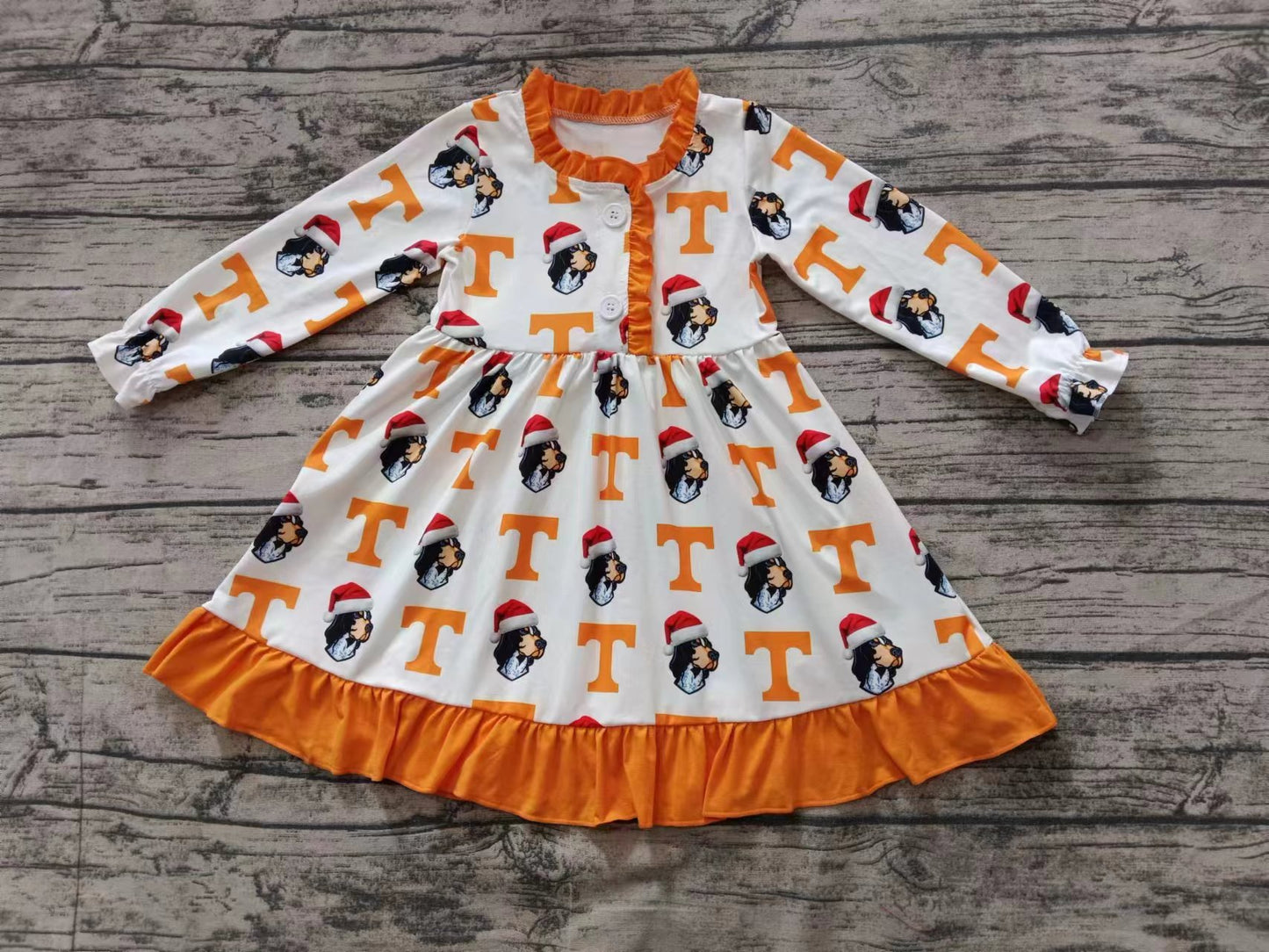 Baby Girl Long Sleeves Dog Team Ruffle Knee Length Dress Moq 5