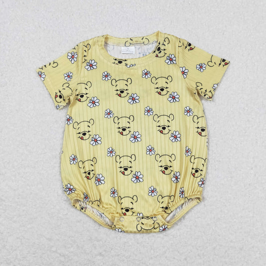 Baby Boy Short Sleeves Bear Flower Yellow Bubble One Piece Romper