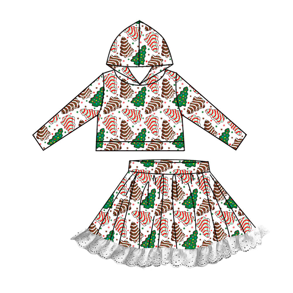 Baby Girl Christmas Trees Cakes Hooded Tops Lace Skirts Set