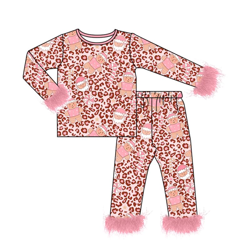 ( Moq 5 ) Preorder Baby Girls Kids Christmas Gingerbread Leopard Shirt Fur Pants Set Pajamas Clothes