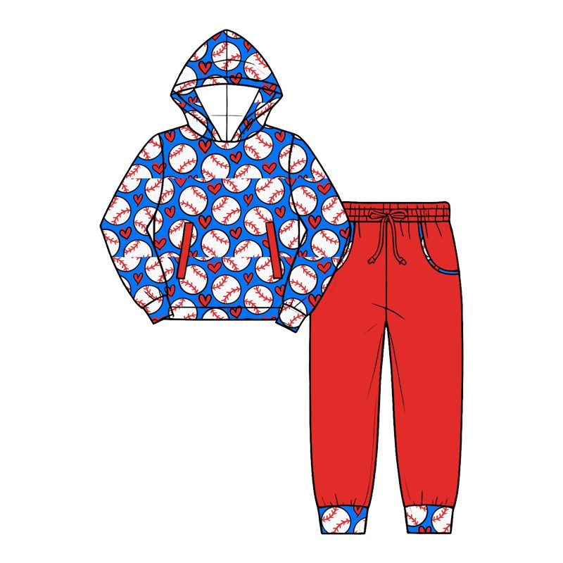 ( Moq 5 ) Preorder Baby Boys Kids Long Sleeves Baseball Hearts Hoodie Pullover Pockets Pants Set Clothes