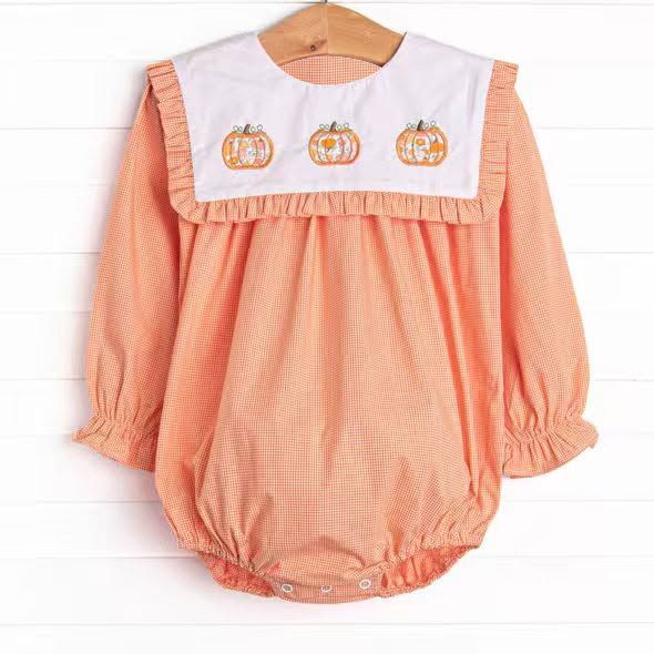 ( No moq ) Preorder Baby Girls Infant Pumpkins Plaid Bubble Romper Fall Clothes