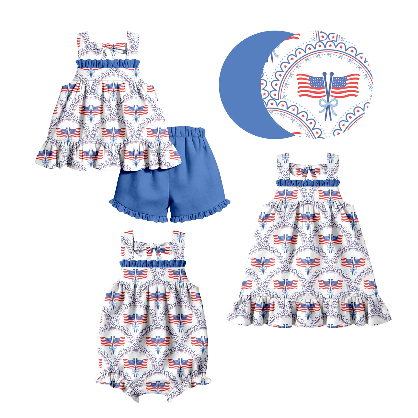( Moq 5 Each Style ) Baby Girls Kids Sleeveless Bows Flags Sibling 4th of July Romper Dress Set