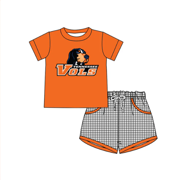 Baby Boy Team Orange Dog Shirt Plaid Pocket Shorts Set