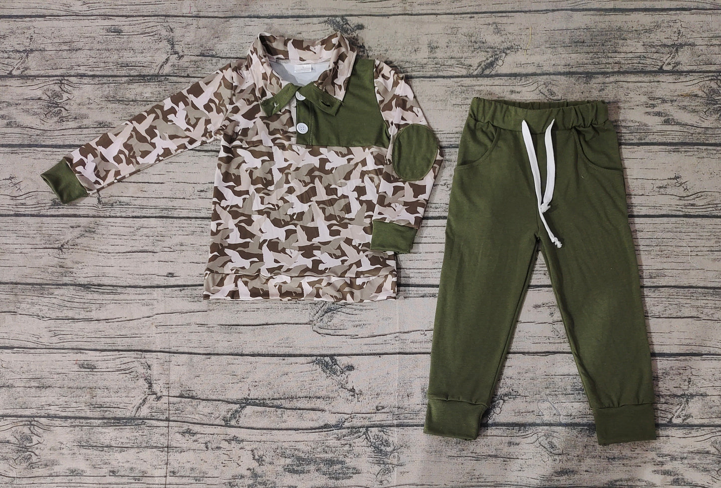 Baby Boy Ducks Camo Pullover Shirt Green Pocket Cotton Pants Set