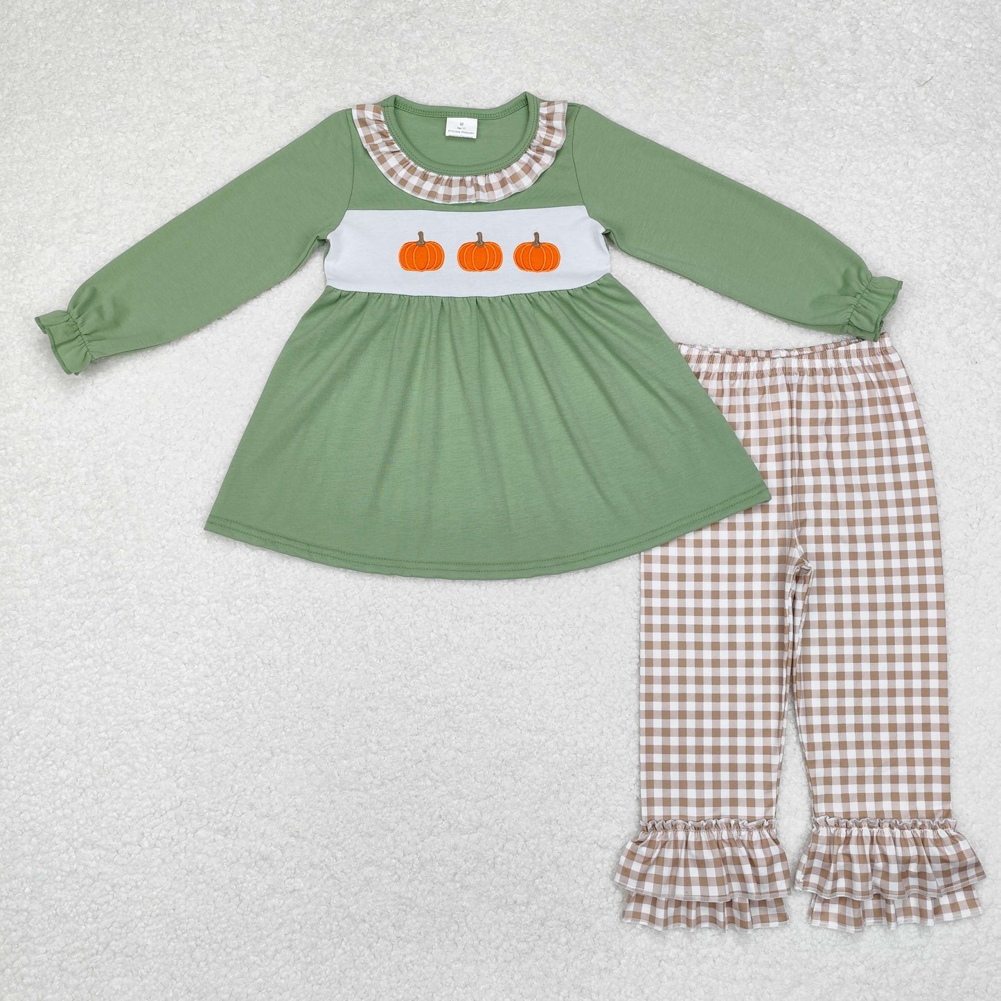 Baby Girl Long Sleeves Embroidery Pumpkin Green Tunic Plaid Pants Set