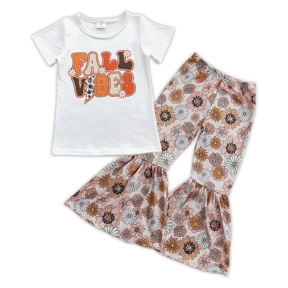 GSPO0866 Baby Girl Short Sleeves Shirt Fall Flower Bell Pants Outfit