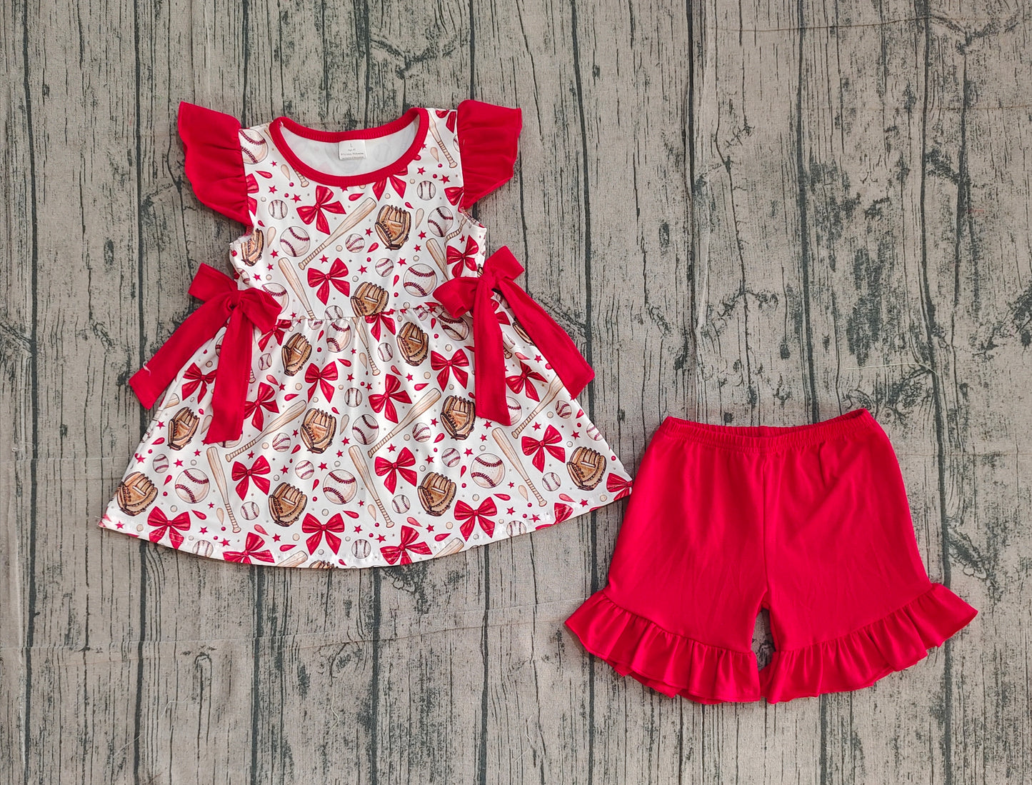 Baby Girl Short Sleeves Baseball Bows Tunic Red Shorts Girls Clothes Set RTS