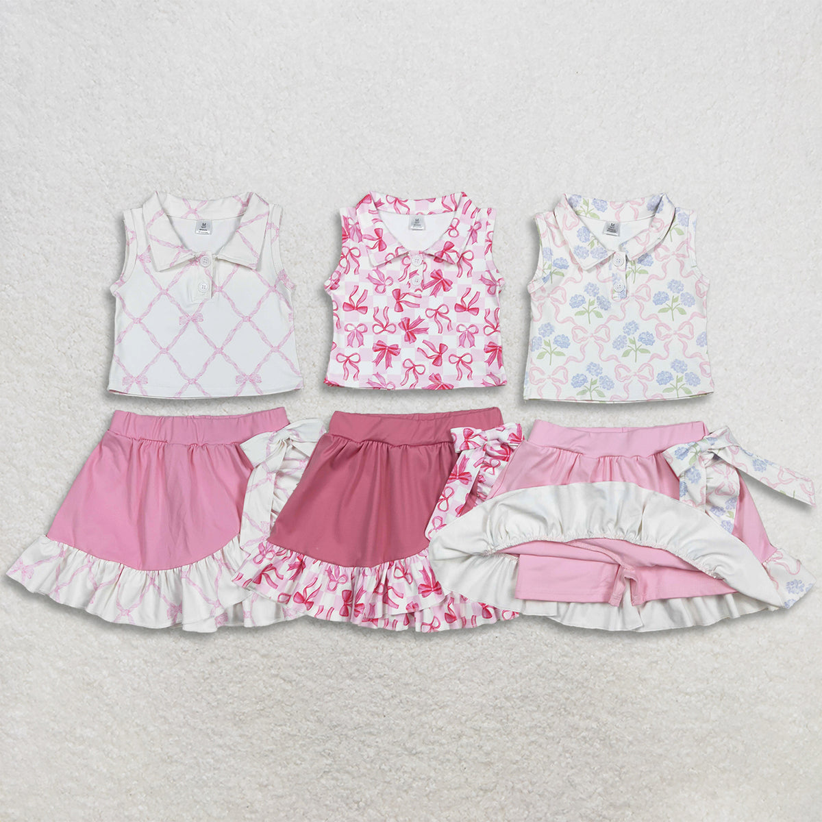 Sibling Baby Girls Bows Buttons Tops Ruffle Pink Skirts Shorts Yoga Active Clothes Sets RTS
