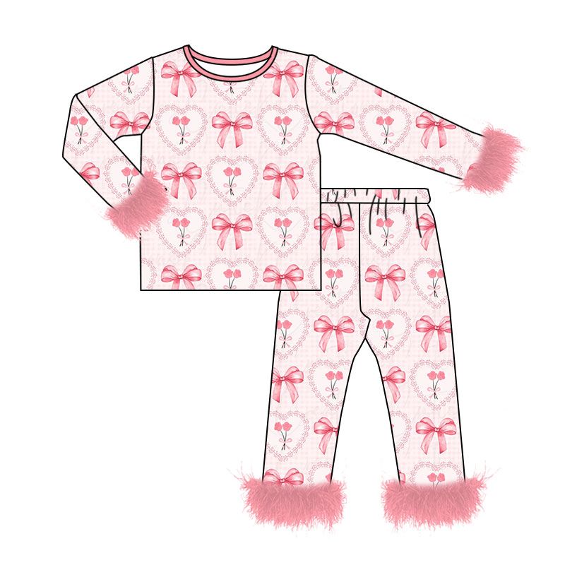 ( Moq 5 ) Preorder Baby Girls Kids Flower Hearts Bows Shirt Pants Valentine Pajamas Fur Set Clothes