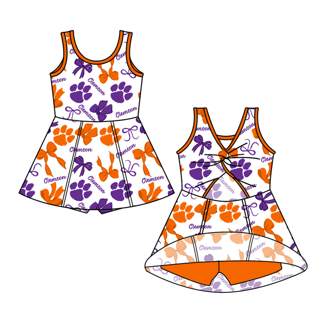 ( Moq 5 Each Style ) Baby Girls Toddler Orange Purple Bows Sibling Team Shorts Dresses Set Clothes