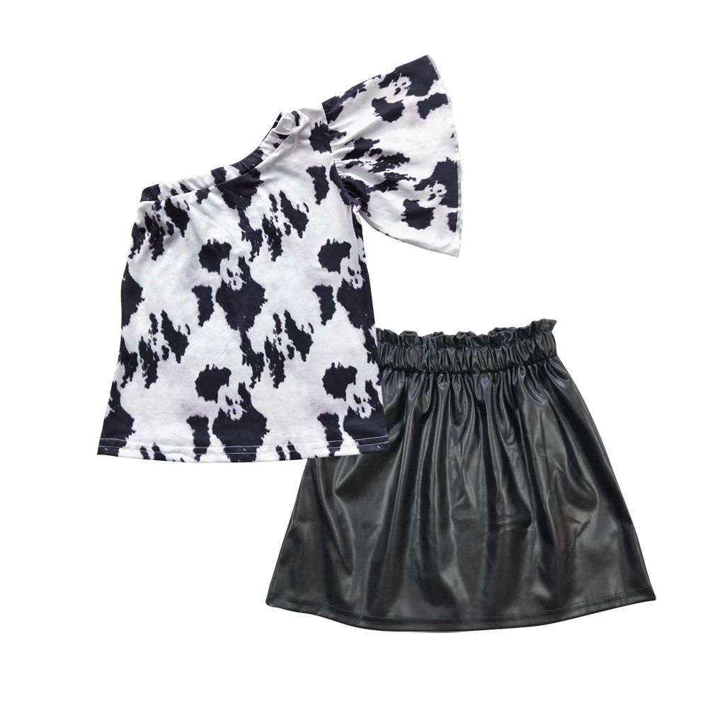 Western Baby Girl One shoulder Cow Print Black Pleather Skirt Summer Outfit