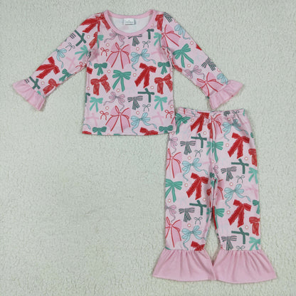 Baby Boy Girl Long Sleeves Christmas Red Green Bows Sibling Romper Pajamas Clothes Set RTS