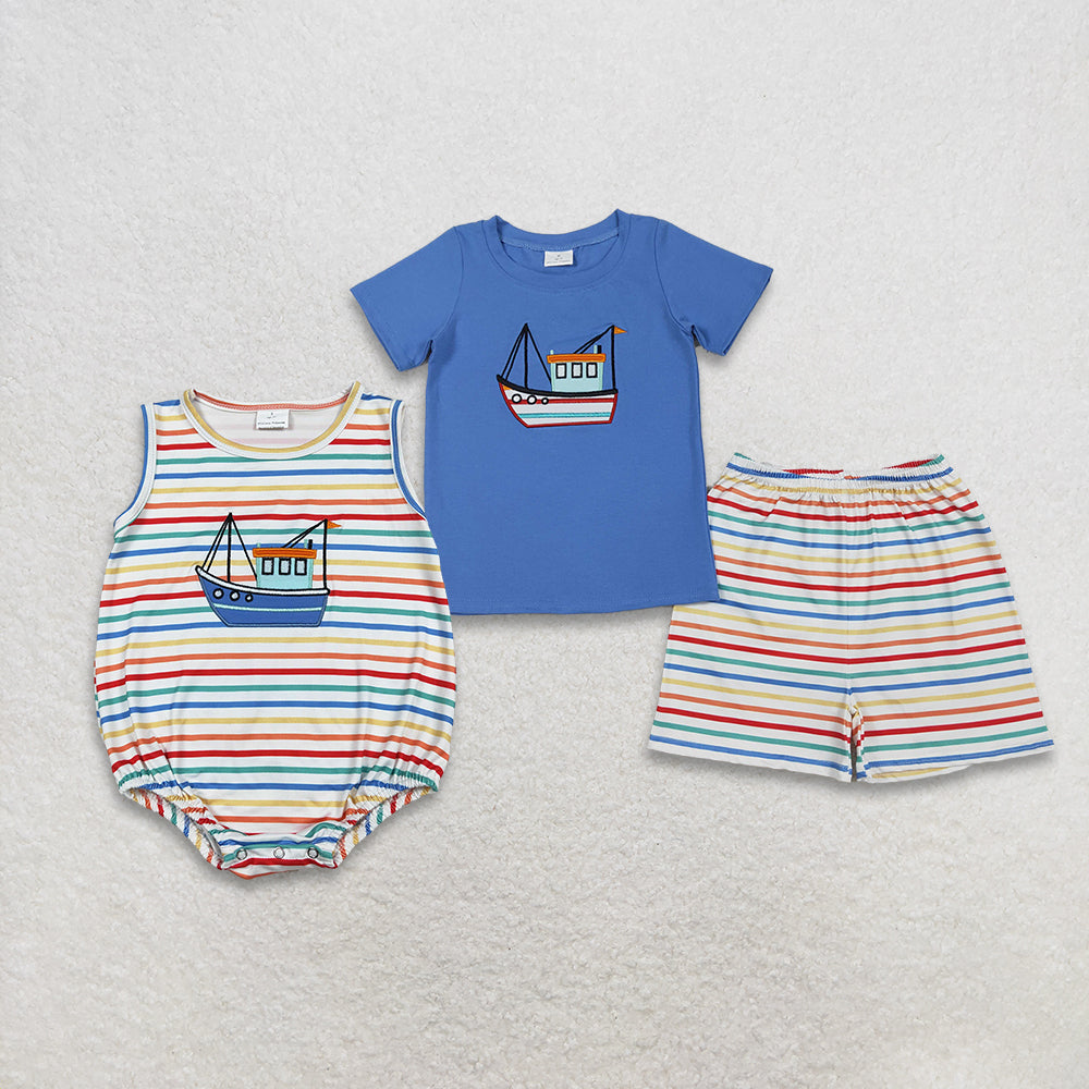 Sibling Baby Boys Kids Embroidery Boats Colorful Stripes Bubble Romper Set RTS