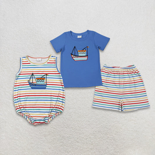Sibling Baby Boys Kids Embroidery Boats Colorful Stripes Bubble Romper Set RTS