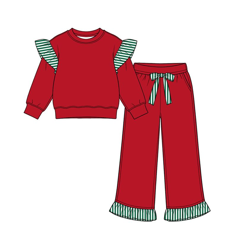 ( Moq 5 ) Preorder Baby Girls Kids Long Sleeves Ruffle Tops Pockets Pants Cotton Set Red Clothes