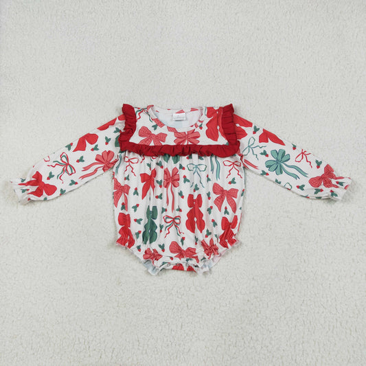 Baby Girl Long Sleeves Red Green Bows Christmas Bubble Romper RTS