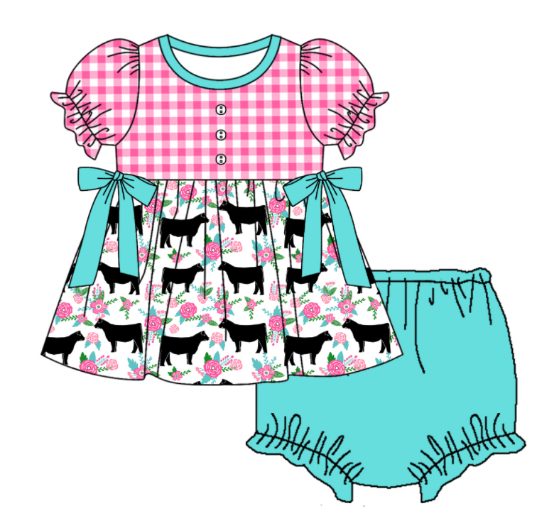 Baby Girl Short Sleeves Flower Cow Plaid Sibling Romper Dress Clothes Set ( Moq 5 Each Design )11.19