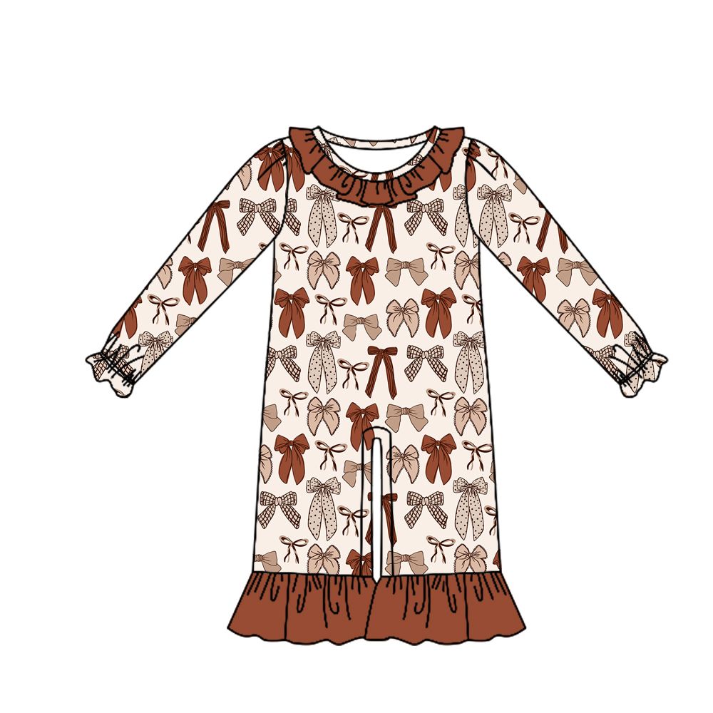 ( Moq 5 ) Preorder Baby Girls Kids Long Sleeves Bows Brown Ruffle Romper Clothes